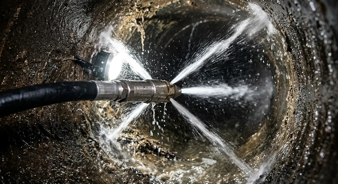 High-pressure hydro jetting nozzle cleaning sewer pipe for Trenchless Sewer Repair in Killingworth