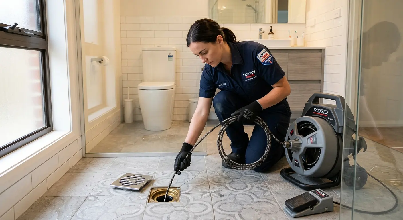 Technician clearing a bathroom floor drain for Sewer Line Replacement in Killingworth